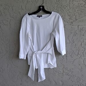 Lafayette 148 New York White 3/4 Sleeve Asymmetrical Tie Front Blouse